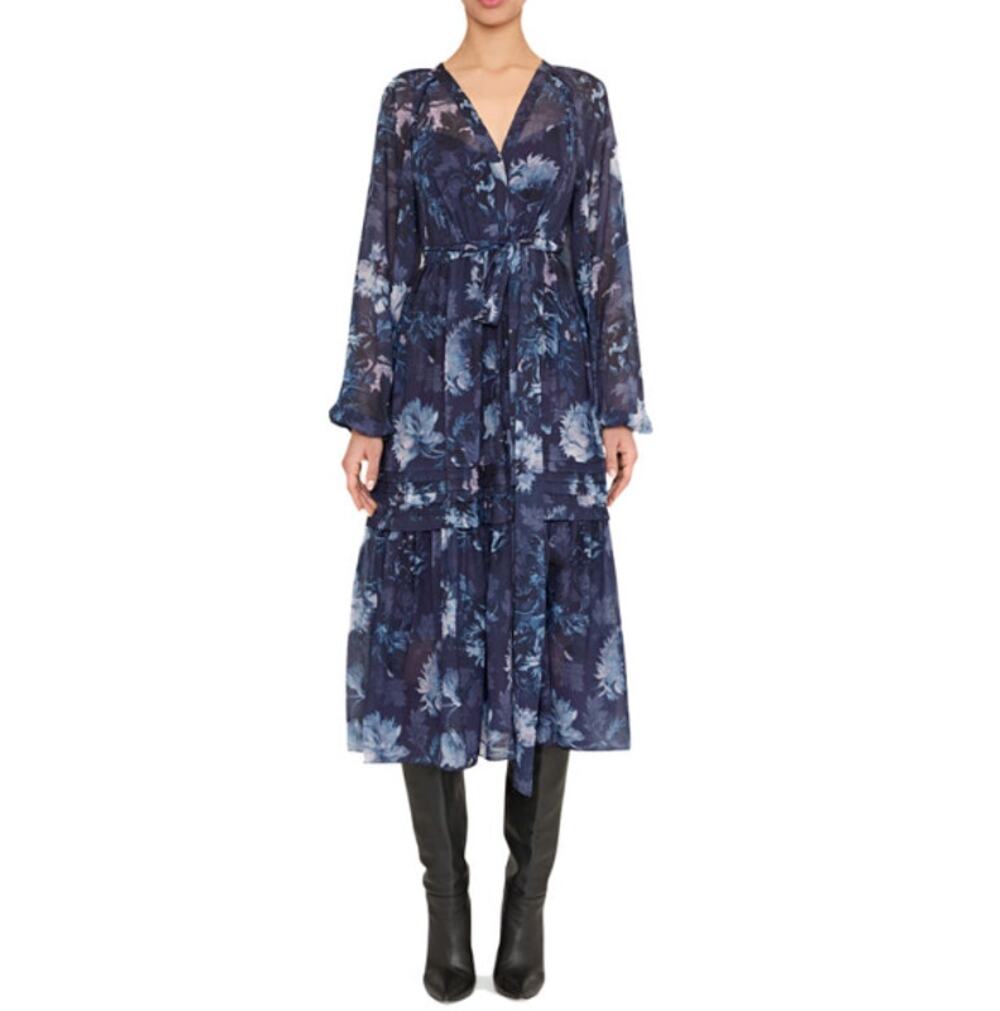 Kobi Halperin Midnight Multi Long Sleeves Belle Midi Dress Size L